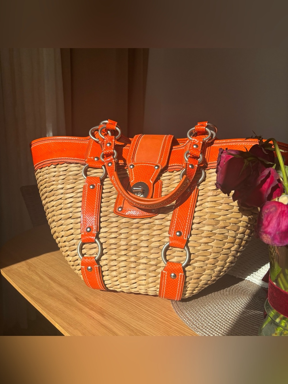 RARE COACH JASMINE LIMITED EDITION XXL BAG/STRAW TOTE GEN.PYTHON & LEATHER TRIM